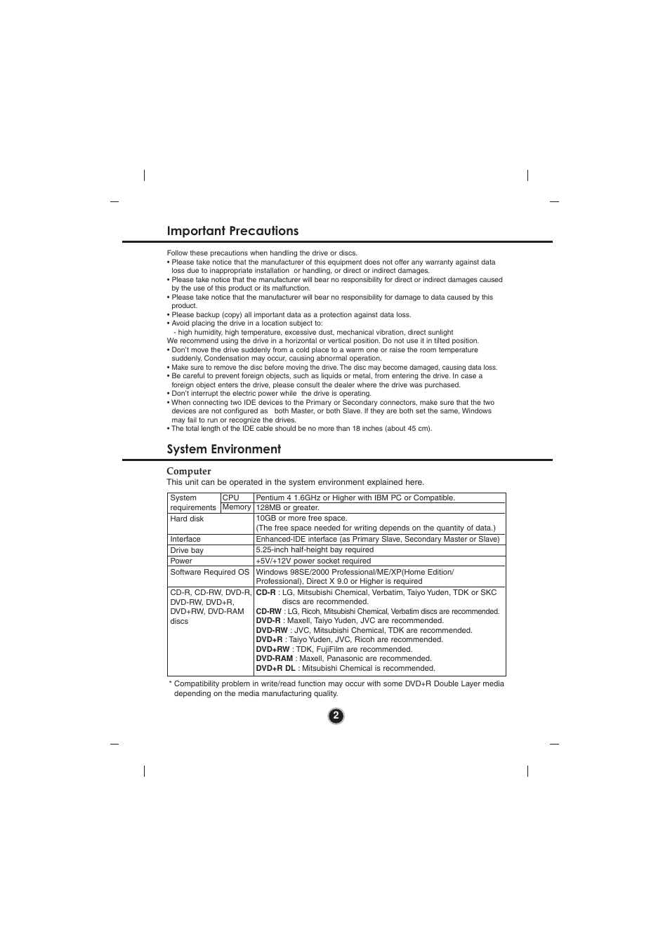 Important precautions system environment | LG GSA-4120B User Manual | Page 5 / 14
