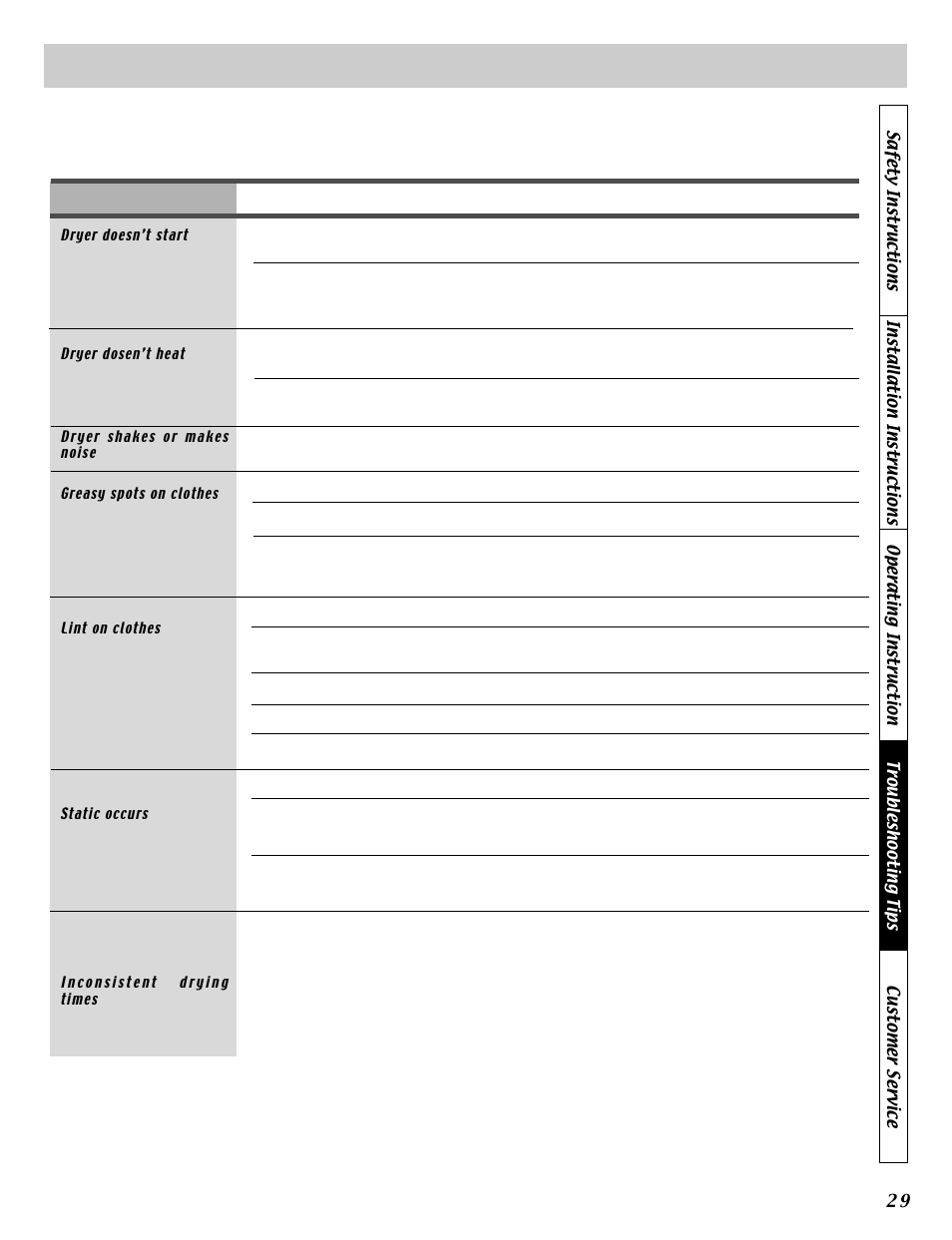 Before you call for service, Problem possible causes what to do | LG DLE5911W User Manual | Page 29 / 32