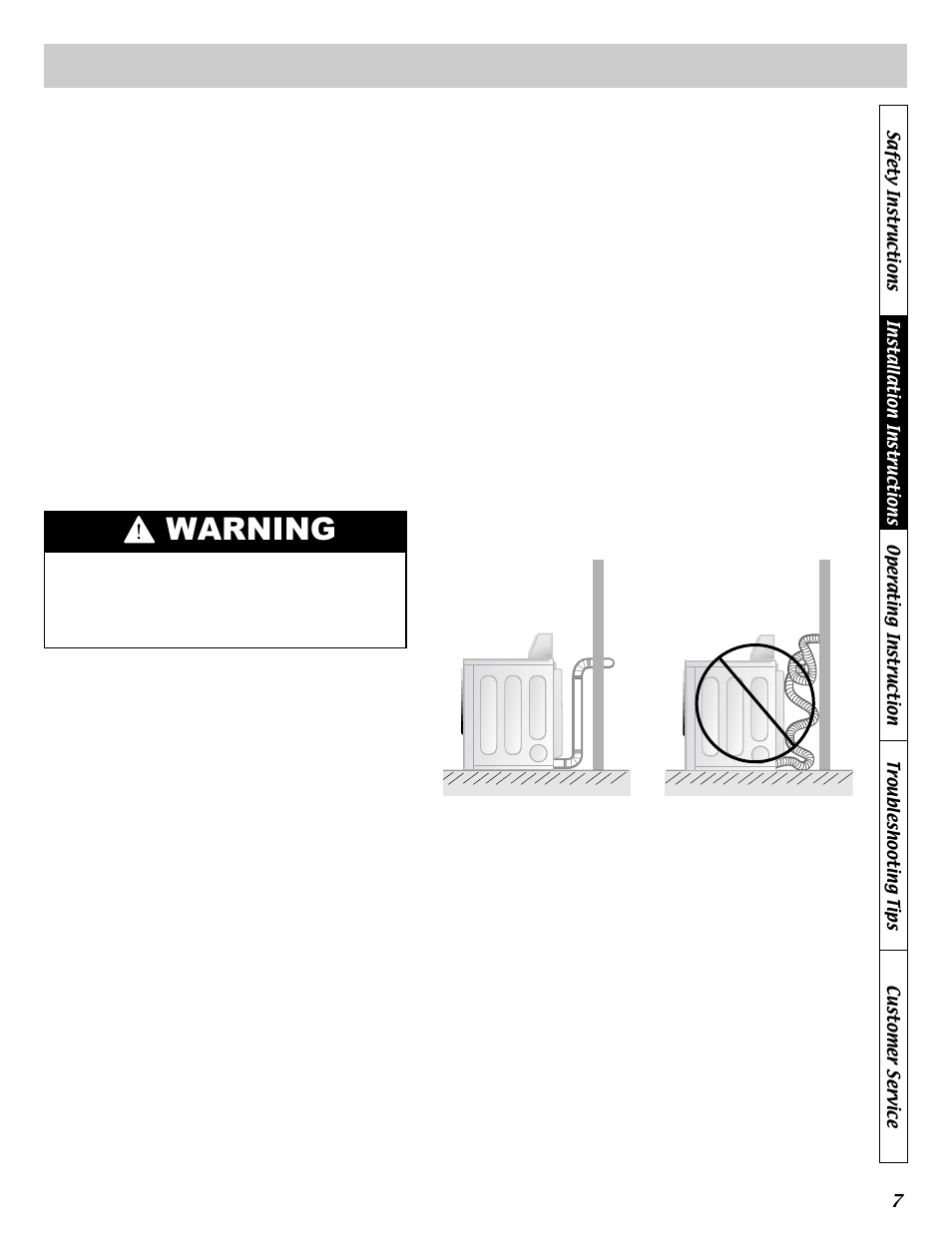 Warning, Installing the dryer | LG DLE5911W User Manual | Page 7 / 32
