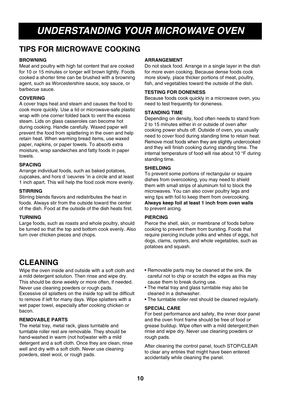 Understanding your microwave oven, Cleaning, Tips for microwave cooking | LG LMH1017CVST User Manual | Page 10 / 32