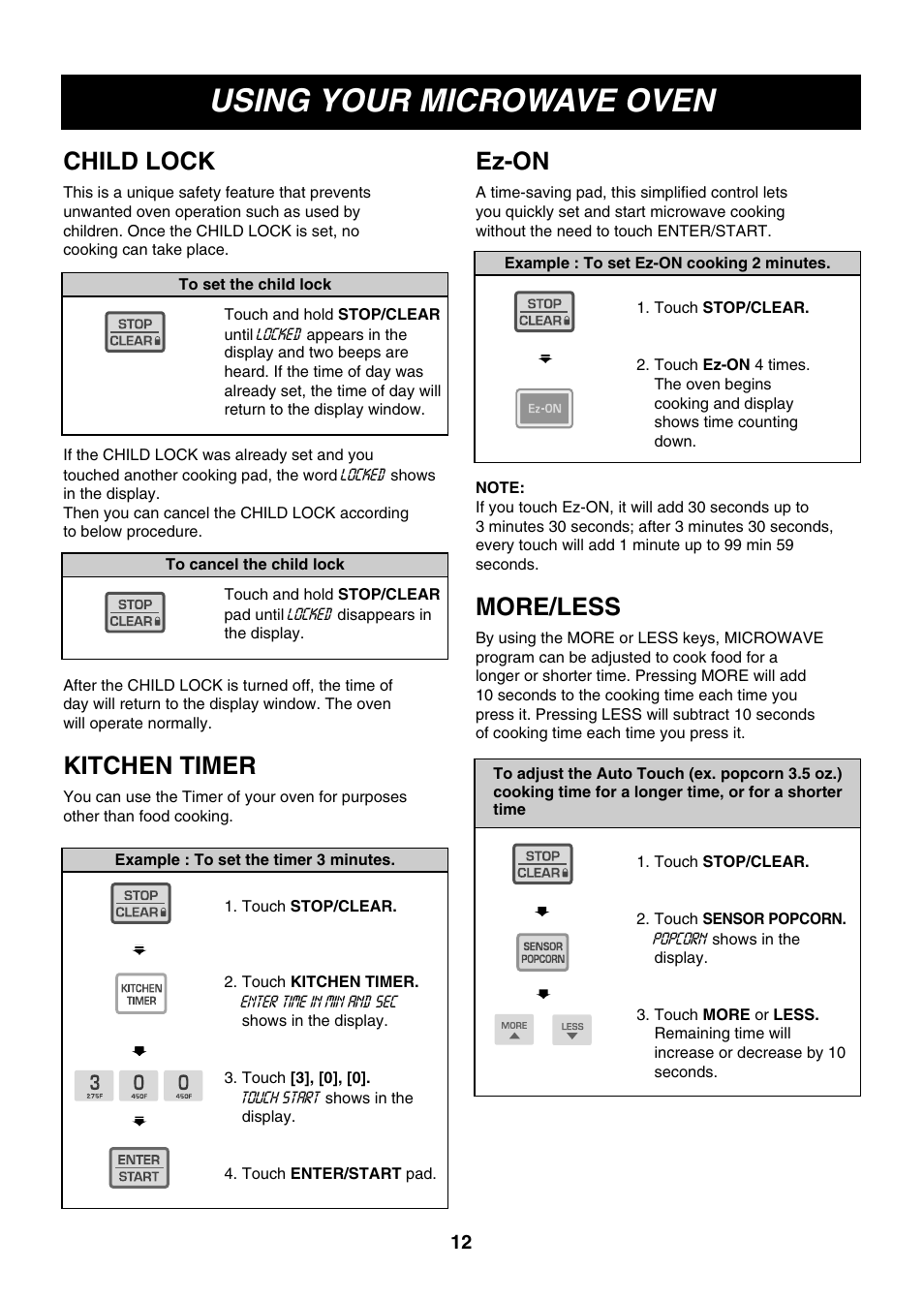 Using your microwave oven, Kitchen timer, Child lock | More/less, Ez-on | LG LMH1017CVST User Manual | Page 12 / 32