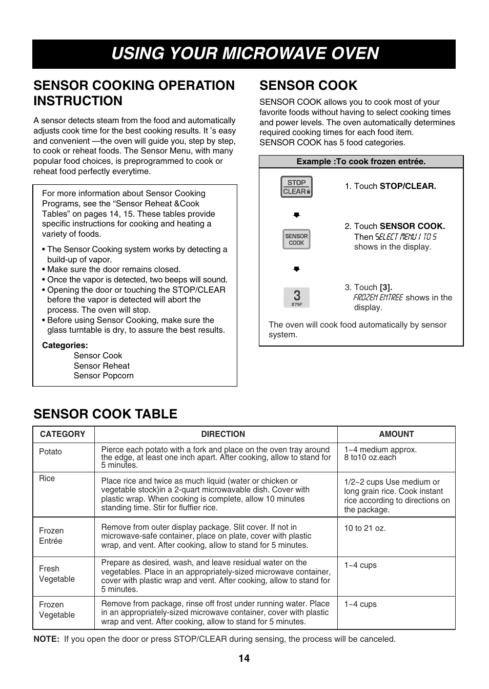 Using your microwave oven, Sensor cooking operation instruction, Sensor cook sensor cook table | LG LMH1017CVST User Manual | Page 14 / 32