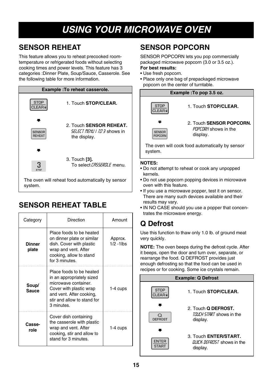 Using your microwave oven, Sensor popcorn, Sensor reheat sensor reheat table | Q defrost | LG LMH1017CVST User Manual | Page 15 / 32