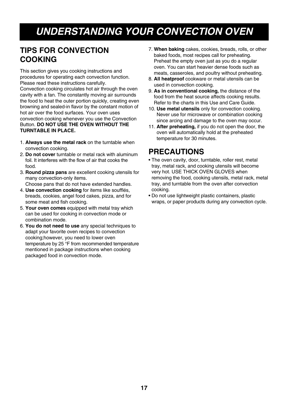 Understanding your convection oven, Precautions, Tips for convection cooking | LG LMH1017CVST User Manual | Page 17 / 32