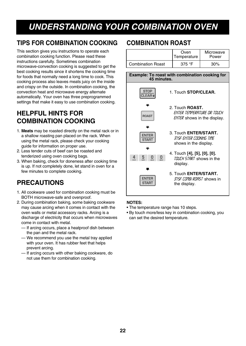 Understanding your combination oven, Helpful hints for combination cooking, Precautions | Tips for combination cooking combination roast | LG LMH1017CVST User Manual | Page 22 / 32