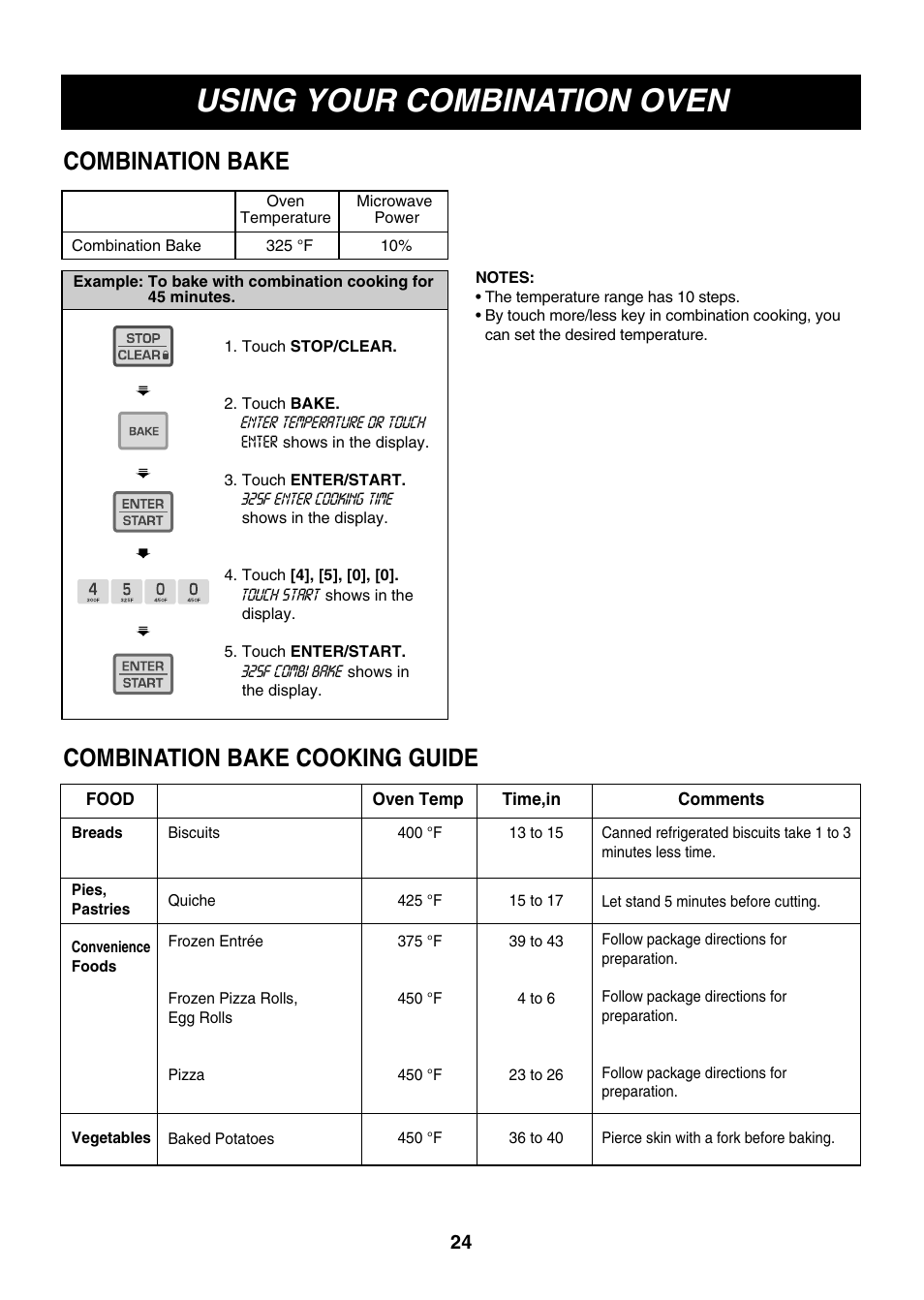 Using your combination oven, Combination bake combination bake cooking guide | LG LMH1017CVST User Manual | Page 24 / 32