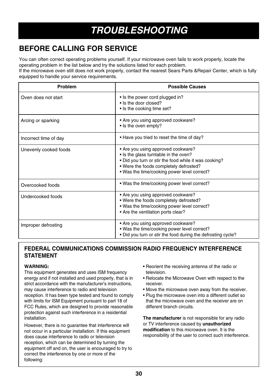 Troubleshooting, Before calling for service | LG LMH1017CVST User Manual | Page 30 / 32