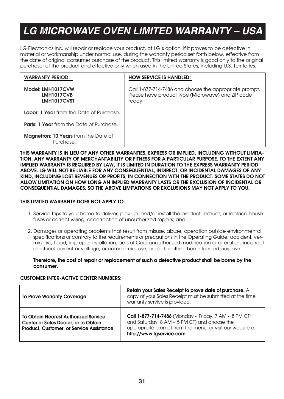 Lg microwave oven limited warranty – usa | LG LMH1017CVST User Manual | Page 31 / 32