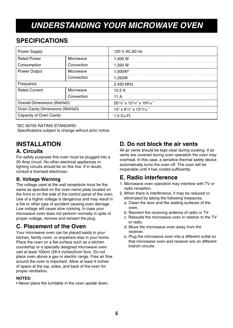 Understanding your microwave oven, Specifications, Installation | C. placement of the oven, D. do not block the air vents, E. radio interference, A. circuits, B. voltage warning | LG LMH1017CVST User Manual | Page 5 / 32