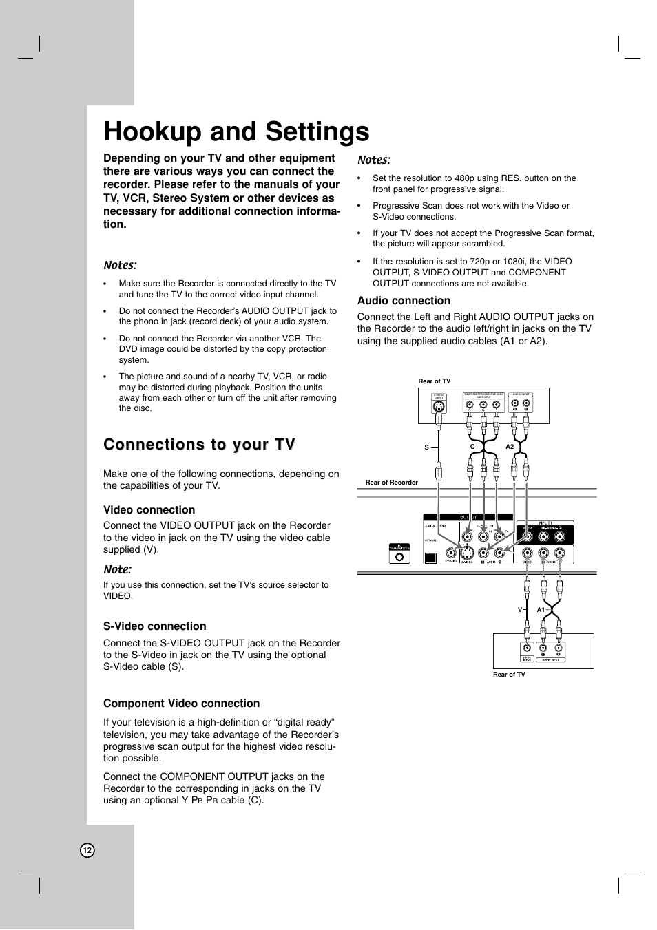 Hookup and settings, Connections to your tv, Video connection | S-video connection, Component video connection, Audio connection | LG RC700N User Manual | Page 12 / 55