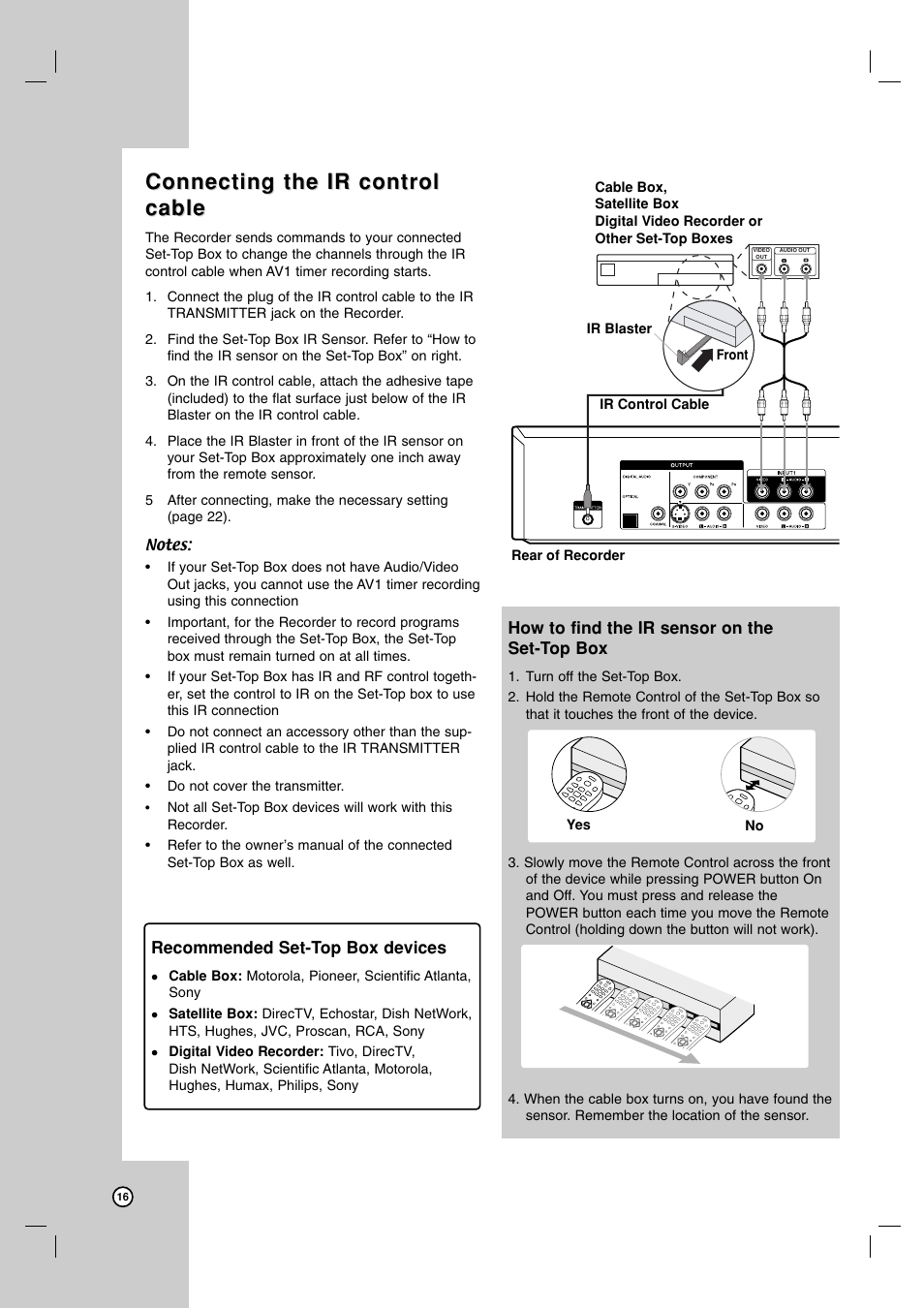 Connecting the ir control, Connecting the ir control cable cable | LG RC700N User Manual | Page 16 / 55