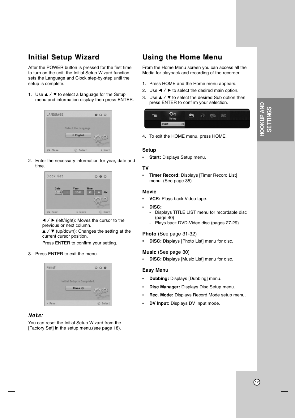Initial setup w, Initial setup w izard izard, Using the home menu | Hookup and settings | LG RC700N User Manual | Page 17 / 55