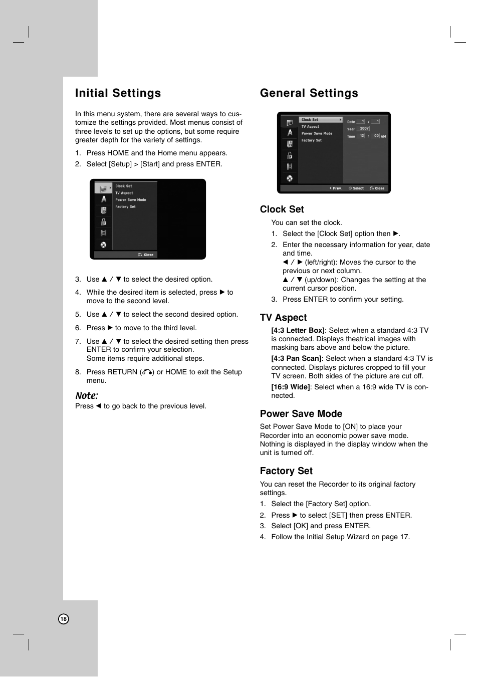 Initial settings, General settings, Clock set | Tv aspect, Power save mode, Factory set | LG RC700N User Manual | Page 18 / 55