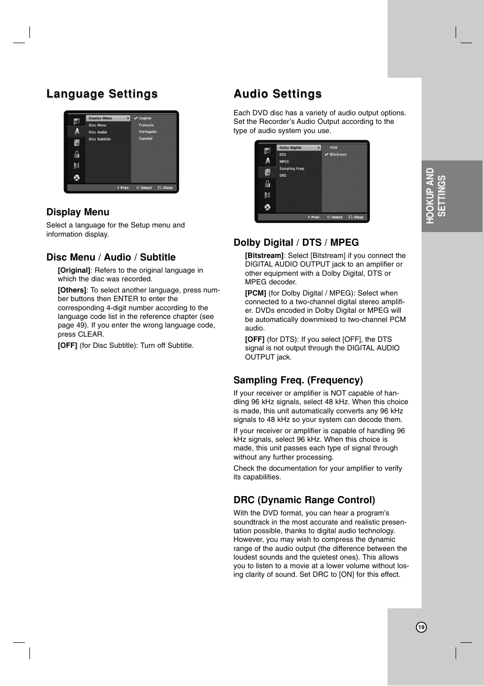 Language settings, Audio settings | LG RC700N User Manual | Page 19 / 55