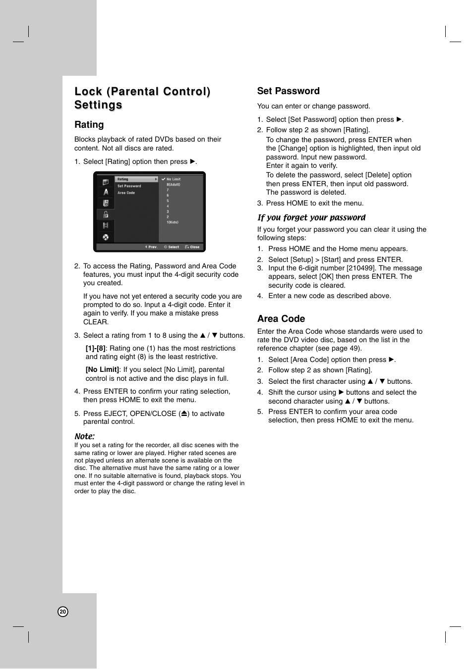 Lock (parental control), Lock (parental control) settings settings, Rating | Set password, Area code | LG RC700N User Manual | Page 20 / 55