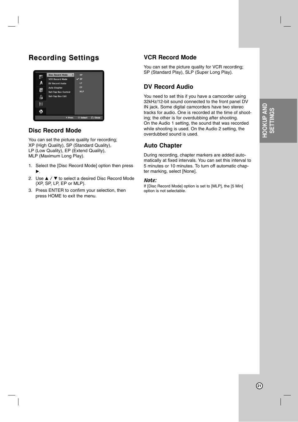 Recording settings | LG RC700N User Manual | Page 21 / 55