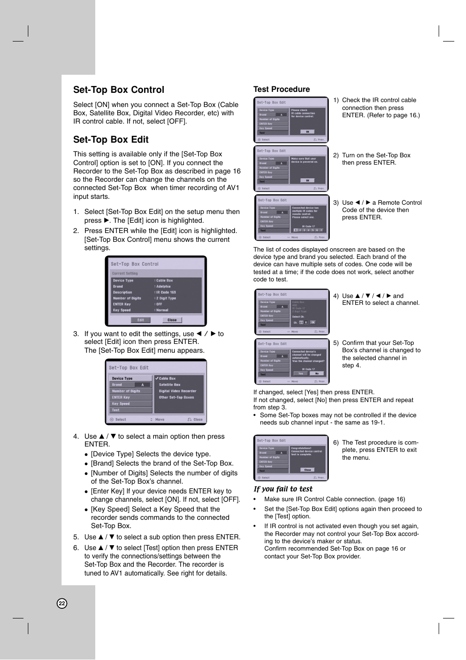 Set-top box control, Set-top box edit | LG RC700N User Manual | Page 22 / 55
