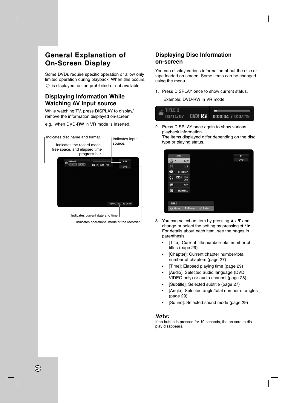 General explanation of, Displaying disc information on-screen | LG RC700N User Manual | Page 24 / 55