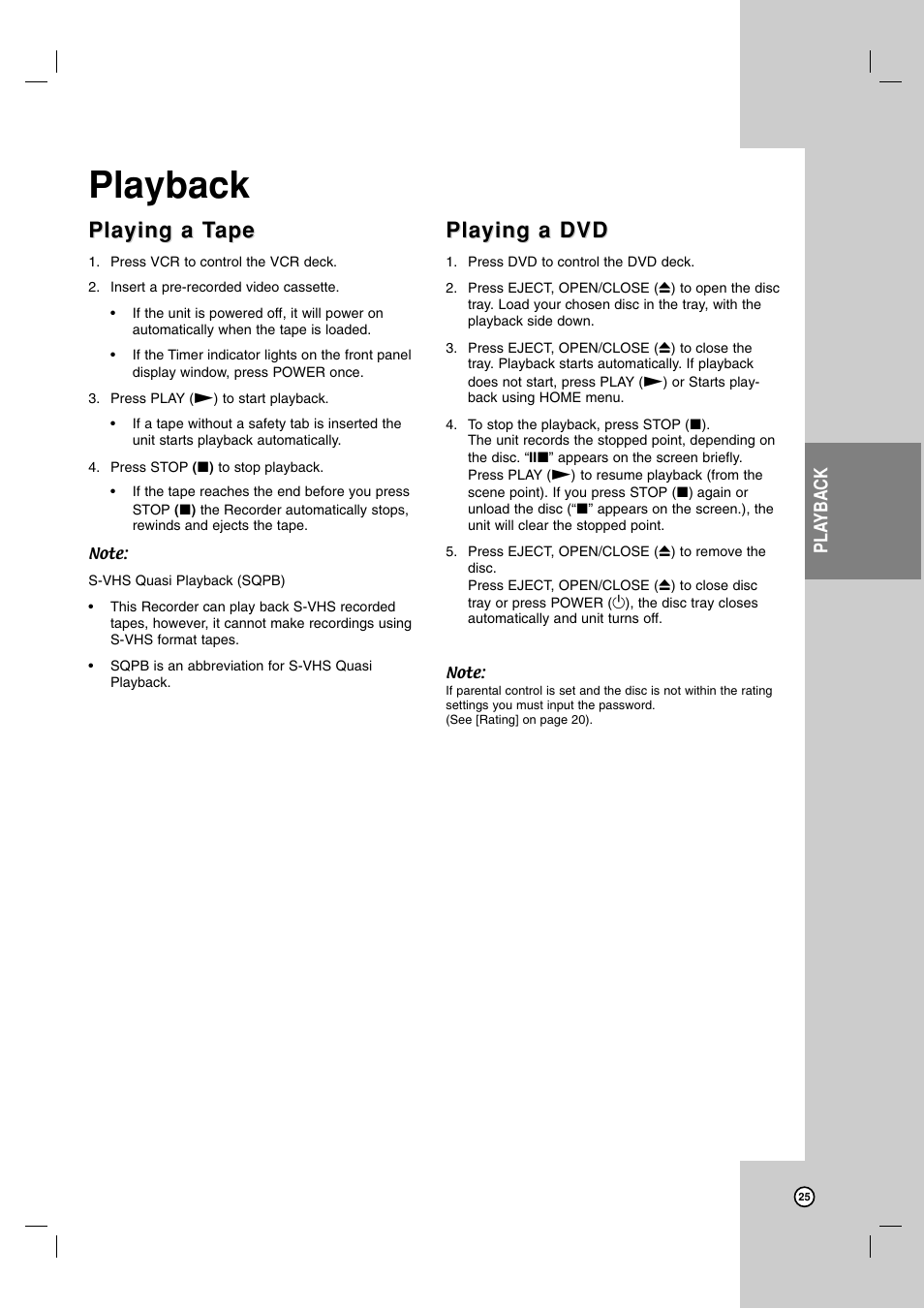 Playback, Playing a t, Playing a t ape ape | Playing a dvd | LG RC700N User Manual | Page 25 / 55