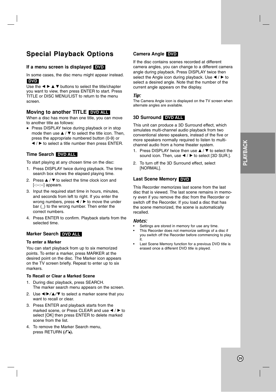Special playback options, Pla yback | LG RC700N User Manual | Page 29 / 55