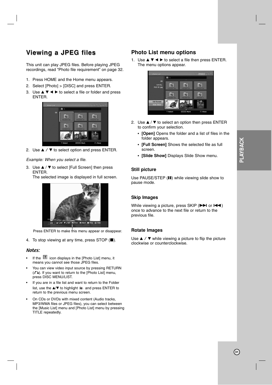 Viewing a jpeg files iewing a jpeg files, Pla yback, Photo list menu options | LG RC700N User Manual | Page 31 / 55