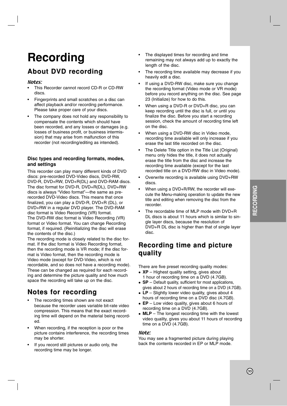 Recording, About dvd recording, Recording time and picture | Recording time and picture quality quality | LG RC700N User Manual | Page 33 / 55