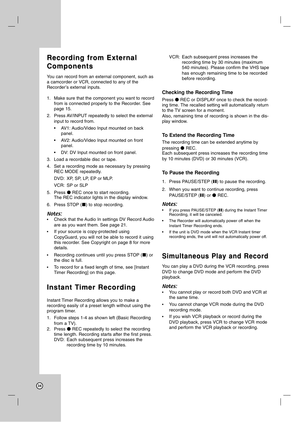 Recording from external, Recording from external components components, Instant t | Instant t imer recording imer recording, Simultaneous play and record | LG RC700N User Manual | Page 34 / 55