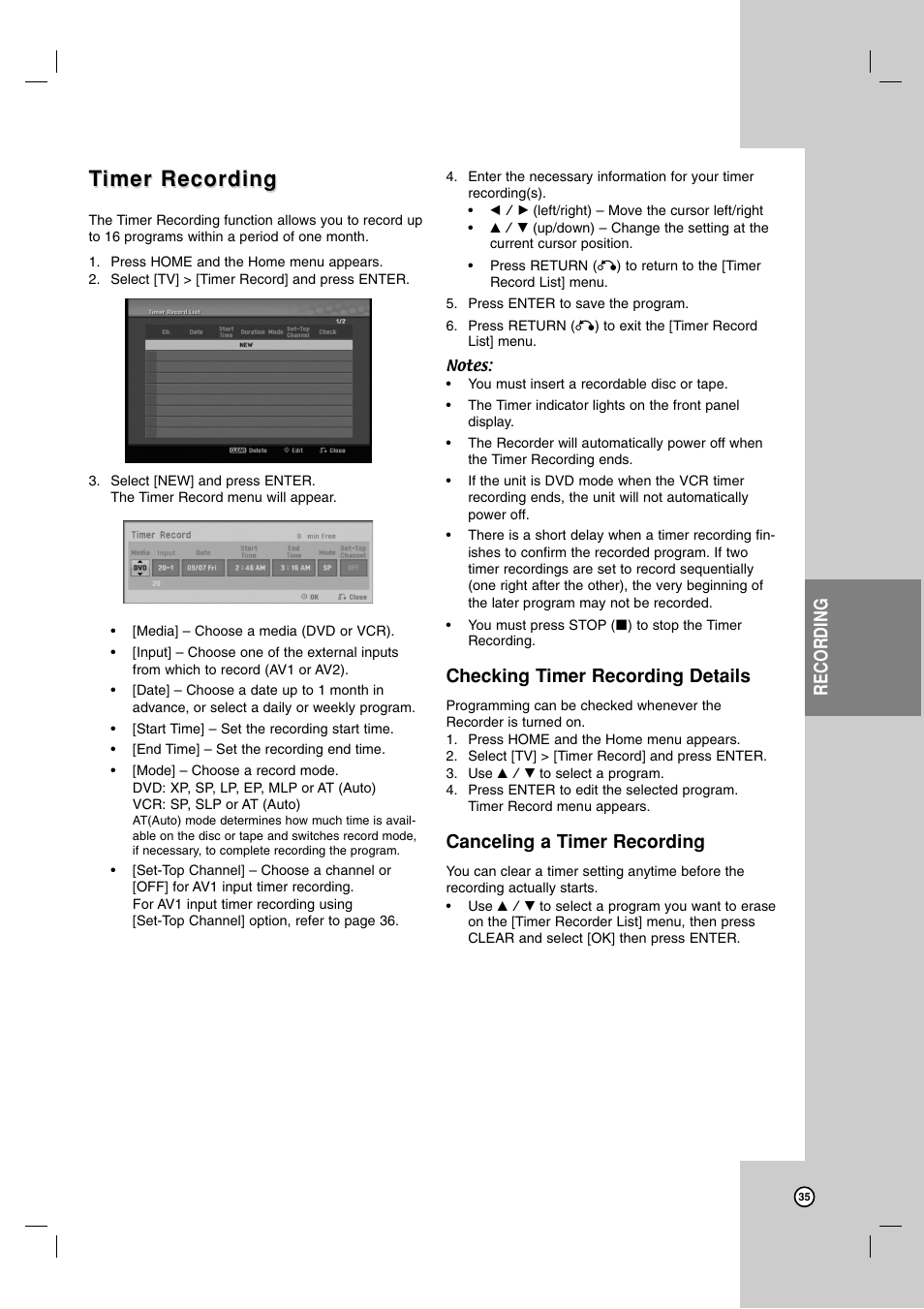 Timer recording imer recording, Recording, Checking timer recording details | Canceling a timer recording | LG RC700N User Manual | Page 35 / 55