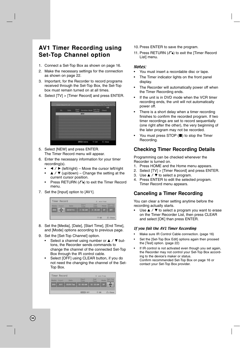 Checking timer recording details, Canceling a timer recording | LG RC700N User Manual | Page 36 / 55