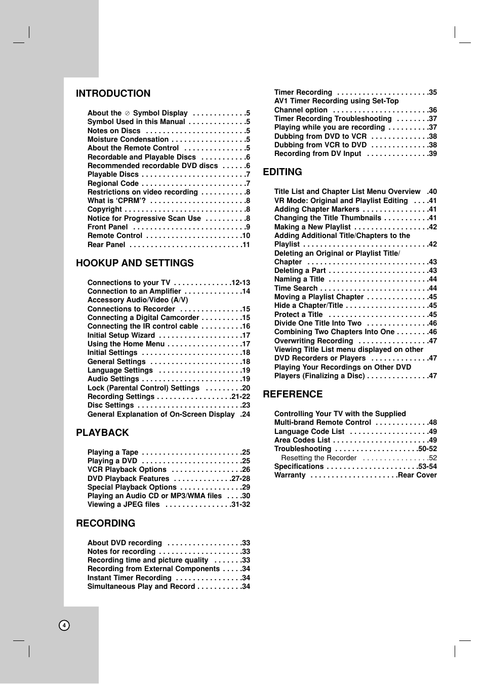 Introduction, Hookup and settings, Playback | Recording, Editing, Reference | LG RC700N User Manual | Page 4 / 55