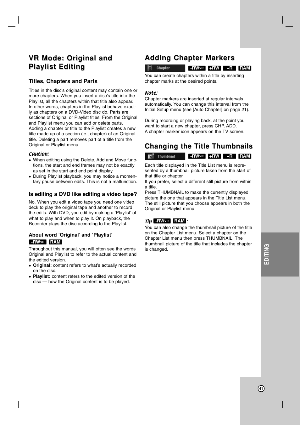 Vr mode: original and, Adding chapter markers, Changing the t | Changing the t itle thumbnails itle thumbnails | LG RC700N User Manual | Page 41 / 55