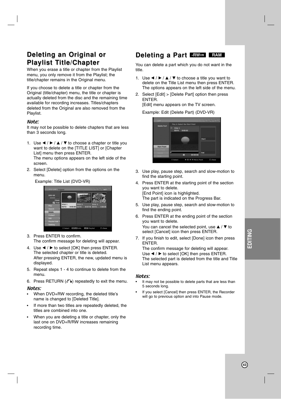 Deleting an original or, Deleting a part, Editing | LG RC700N User Manual | Page 43 / 55