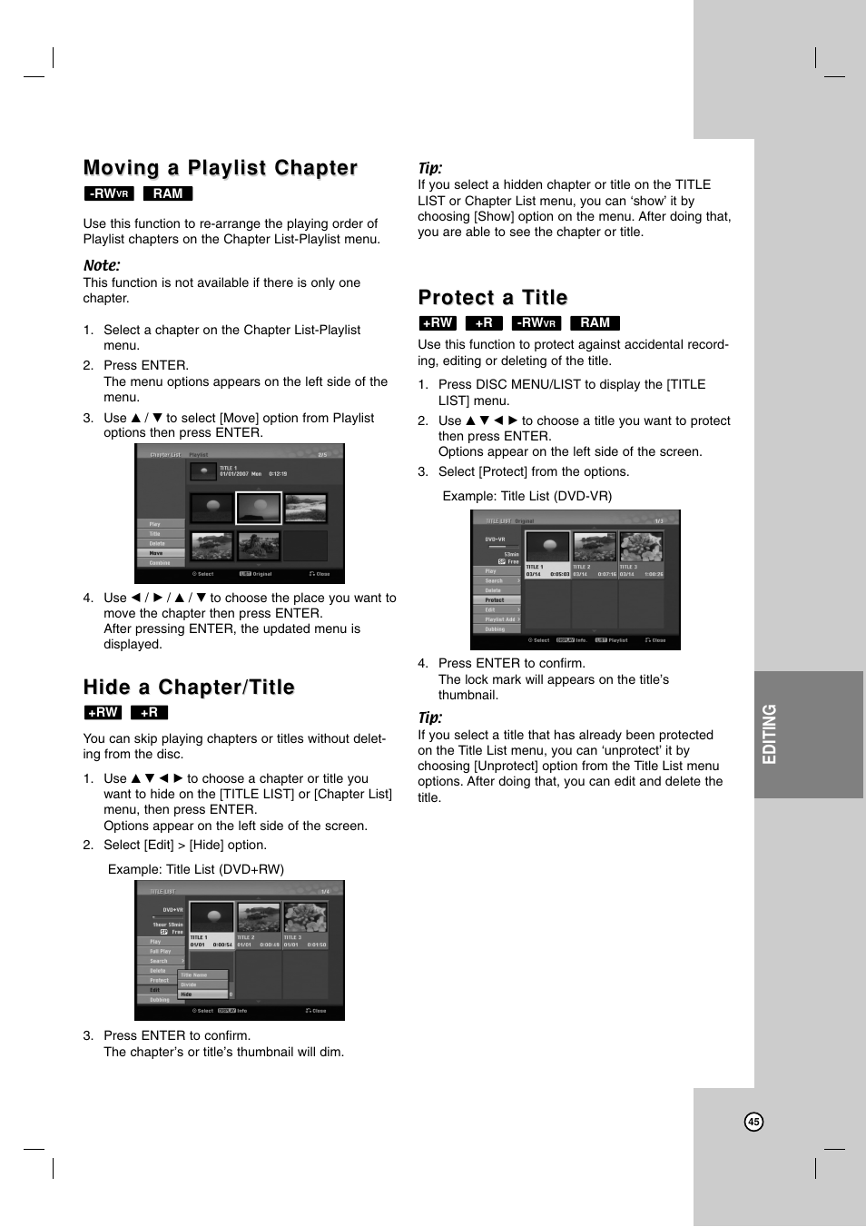 Moving a playlist chapter, Hide a chapter/t, Hide a chapter/t itle itle | Protect a t, Protect a t itle itle, Editing | LG RC700N User Manual | Page 45 / 55