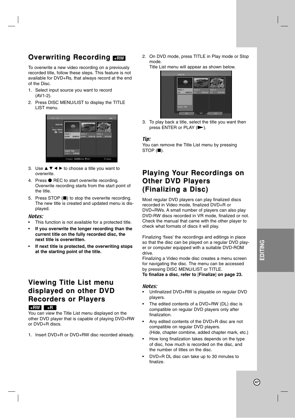 Overwriting recording, Playing | LG RC700N User Manual | Page 47 / 55