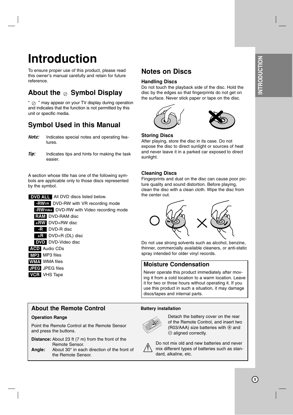 About the symbol display, Symbol used in this manual, Introduction | Moisture condensation, About the remote control | LG RC700N User Manual | Page 5 / 55