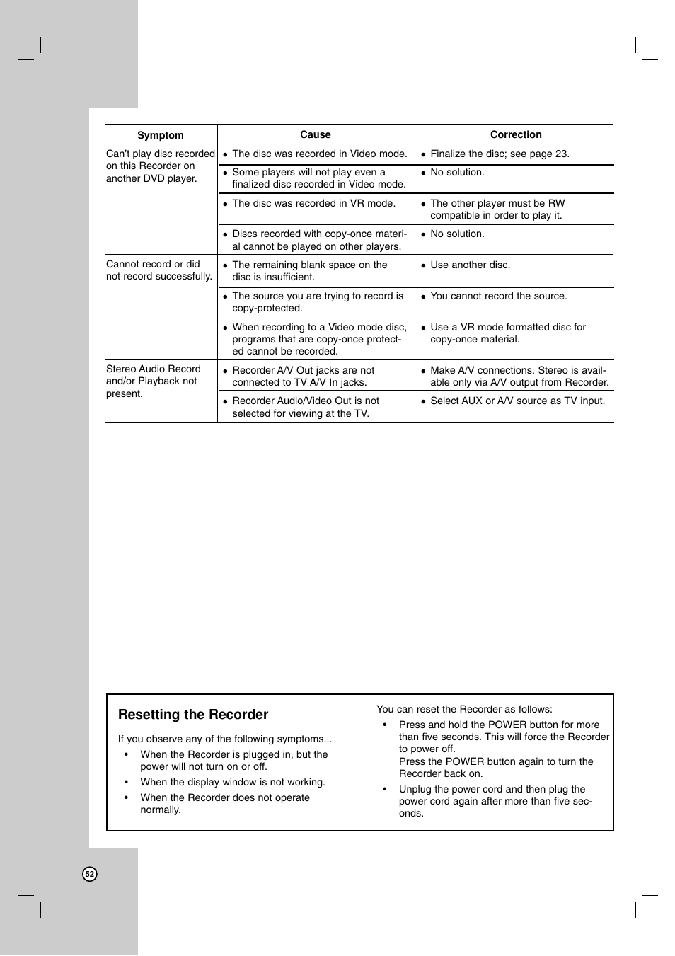 Resetting the recorder | LG RC700N User Manual | Page 52 / 55