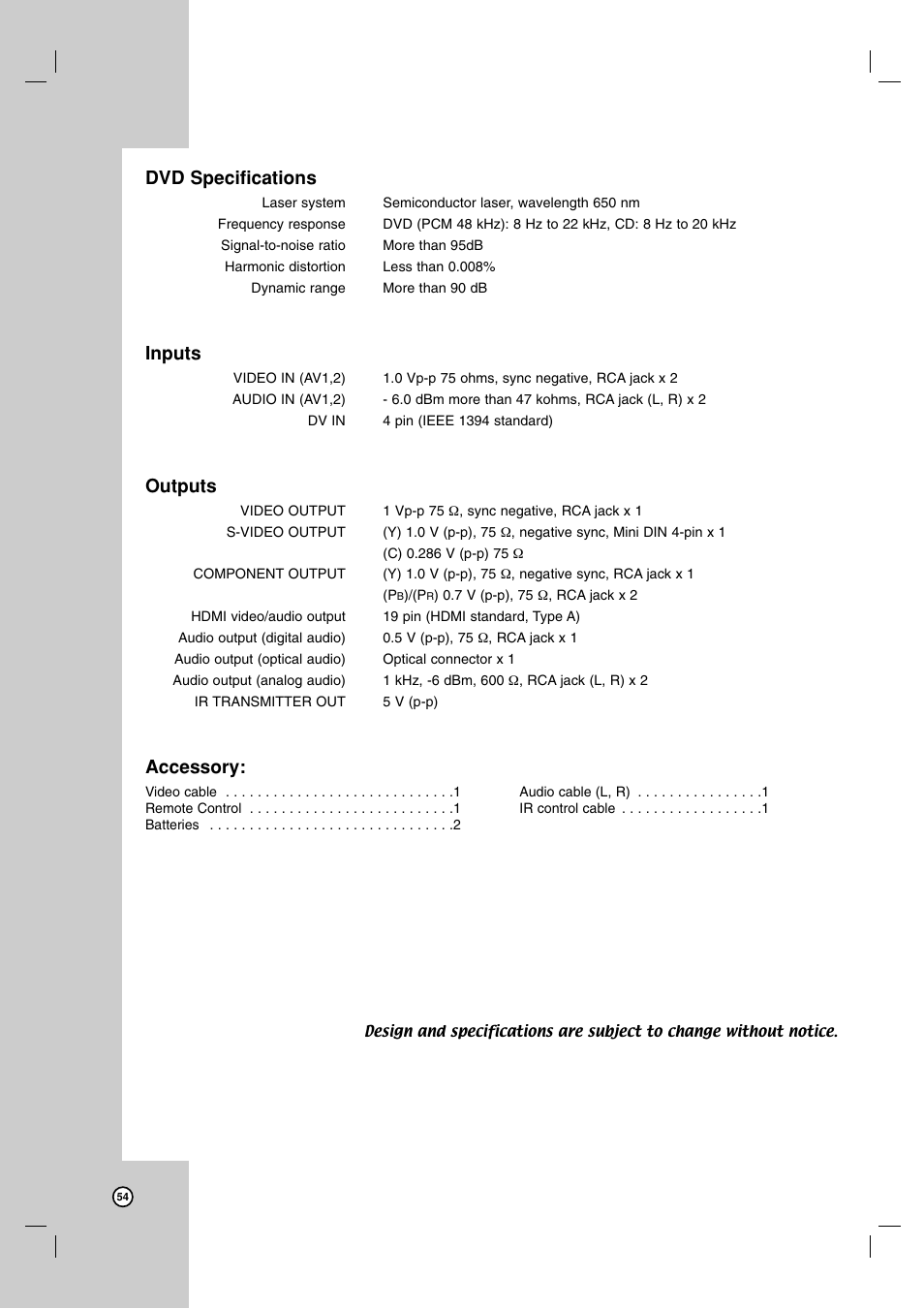 Dvd specifications, Inputs, Outputs | Accessory | LG RC700N User Manual | Page 54 / 55