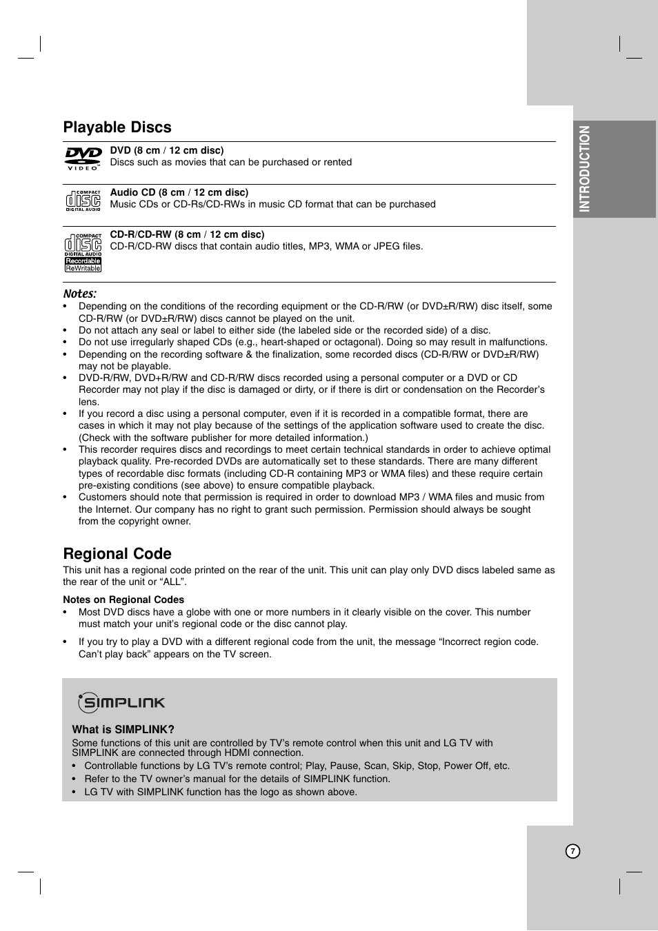 Playable discs, Regional code, Introduction | LG RC700N User Manual | Page 7 / 55