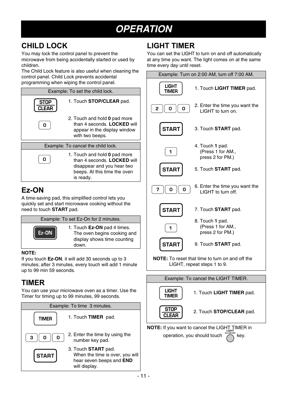 Operation, Timer, Light timer | Child lock, Ez-on | LG LMVM1945SW User Manual | Page 11 / 36