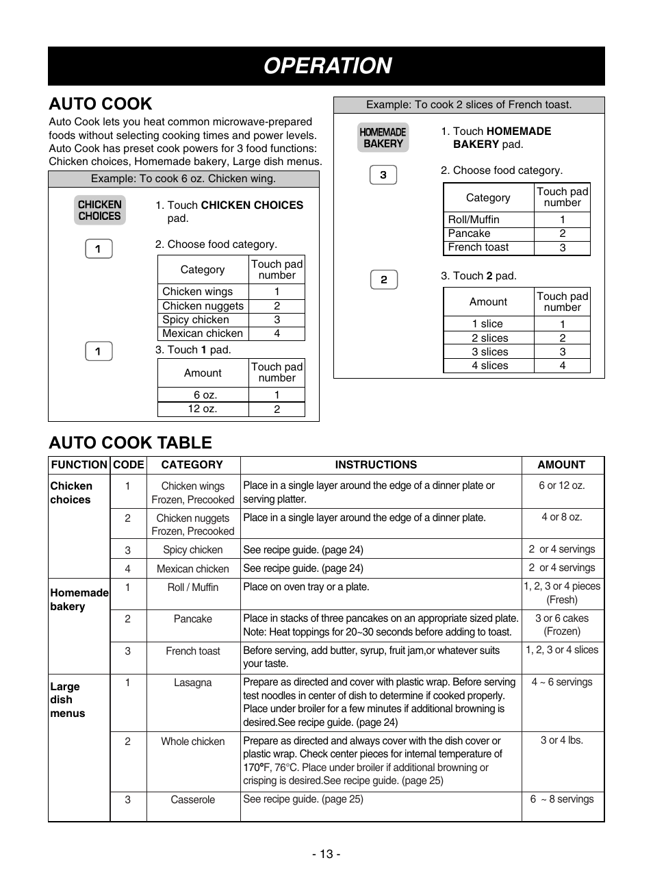 Operation, Auto cook, Auto cook table | LG LMVM1945SW User Manual | Page 13 / 36