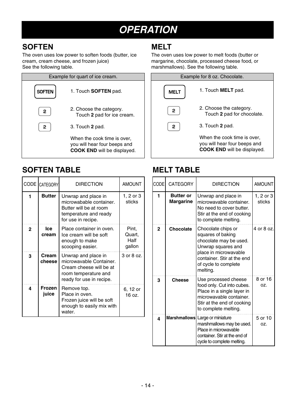 Operation, Soften, Melt | Soften table, Melt table | LG LMVM1945SW User Manual | Page 14 / 36