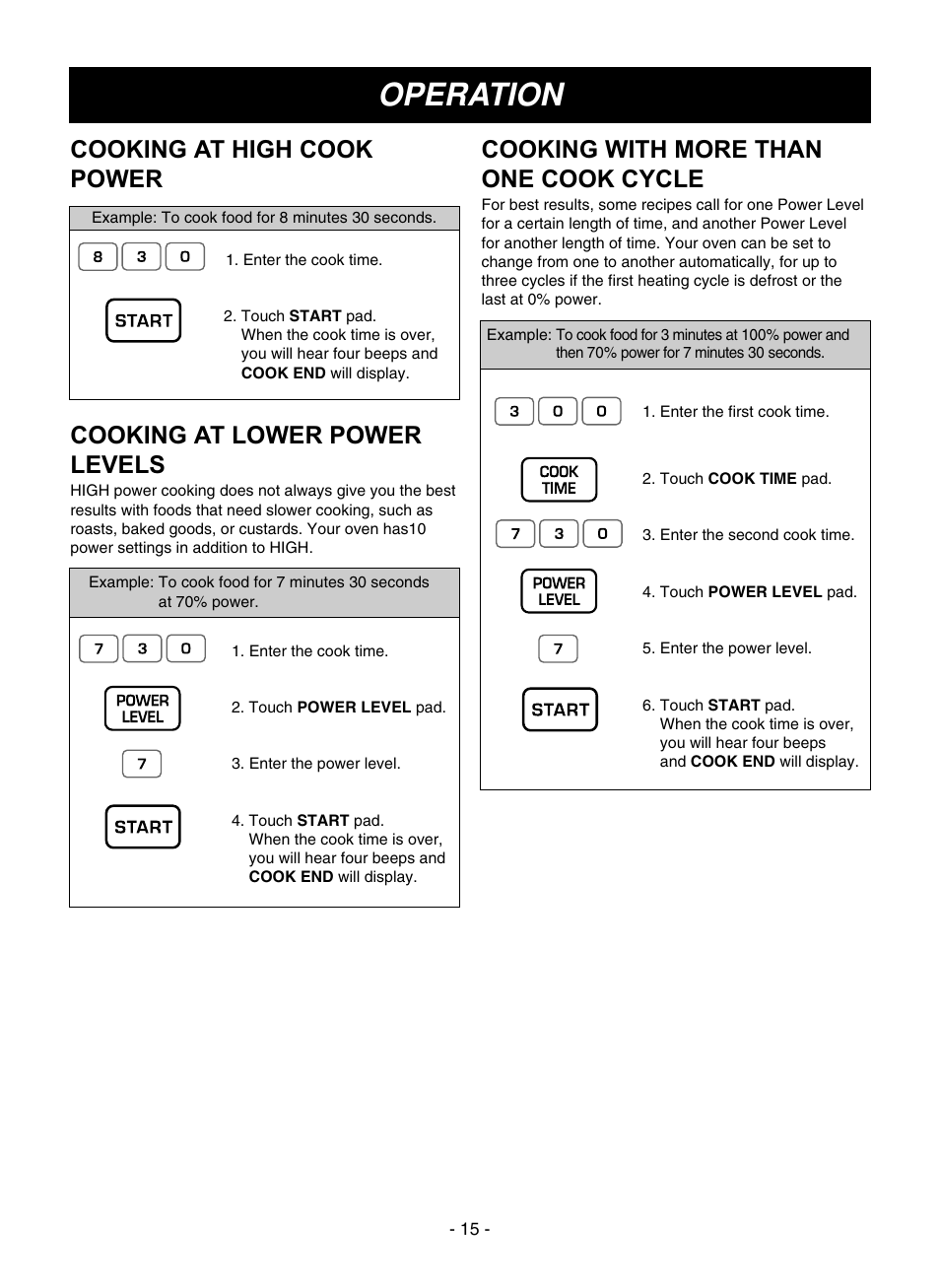 Operation, Cooking at high cook power, Cooking with more than one cook cycle | Cooking at lower power levels | LG LMVM1945SW User Manual | Page 15 / 36