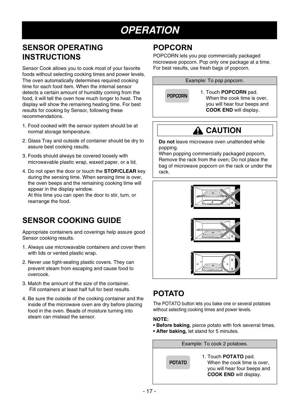 Operation, Sensor operating instructions, Sensor cooking guide | Potato, Popcorn, Caution | LG LMVM1945SW User Manual | Page 17 / 36