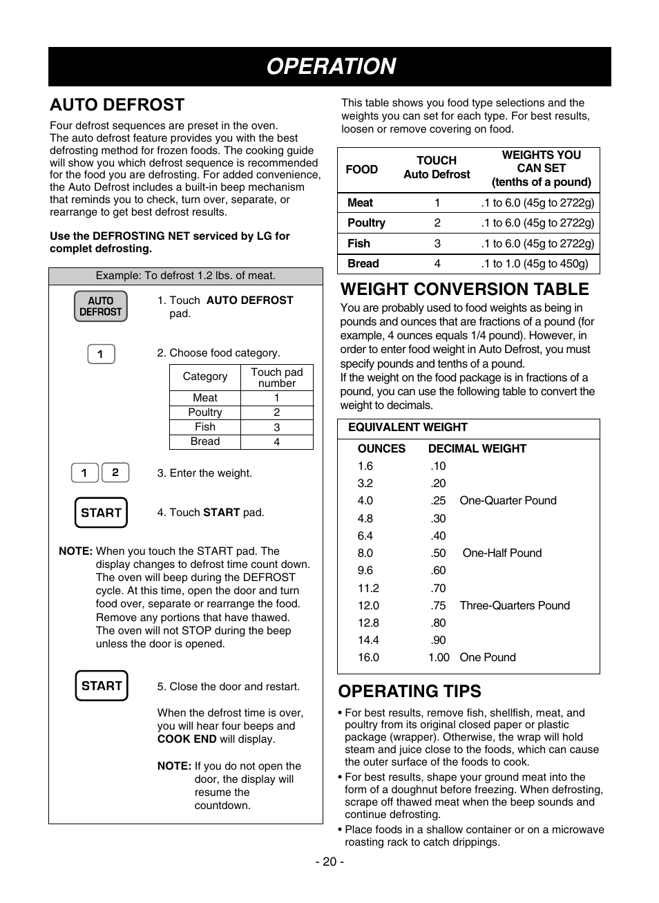 Operation, Auto defrost, Weight conversion table | Operating tips | LG LMVM1945SW User Manual | Page 20 / 36