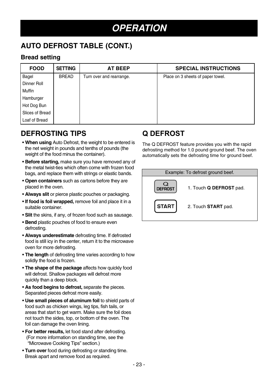 Operation, Q defrost, Defrosting tips | Auto defrost table (cont.), Bread setting | LG LMVM1945SW User Manual | Page 23 / 36