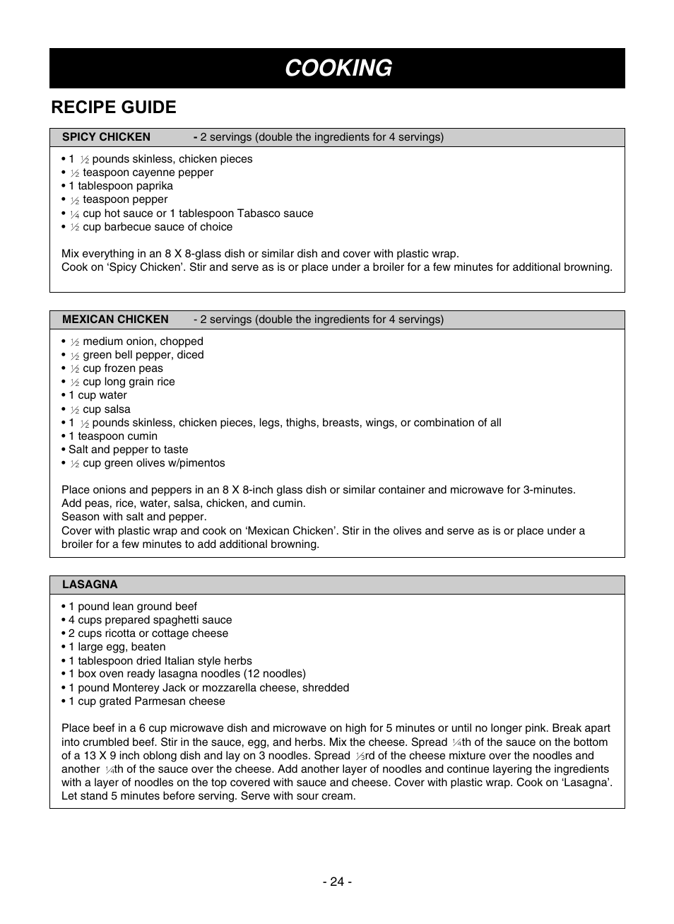 Cooking, Recipe guide | LG LMVM1945SW User Manual | Page 24 / 36