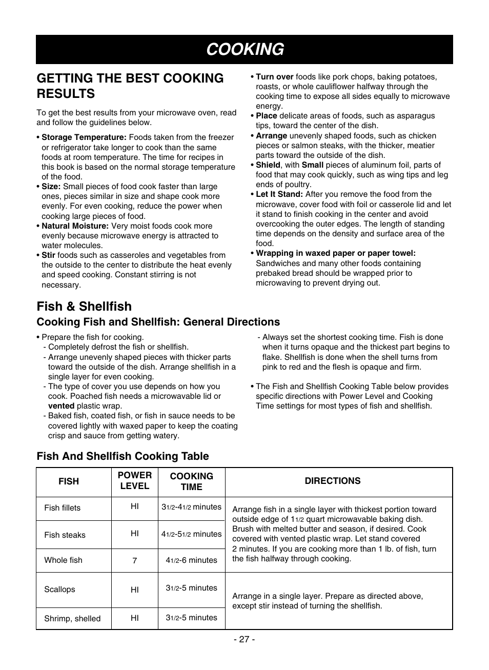 Cooking, Getting the best cooking results, Fish & shellfish | Cooking fish and shellfish: general directions, Fish and shellfish cooking table | LG LMVM1945SW User Manual | Page 27 / 36