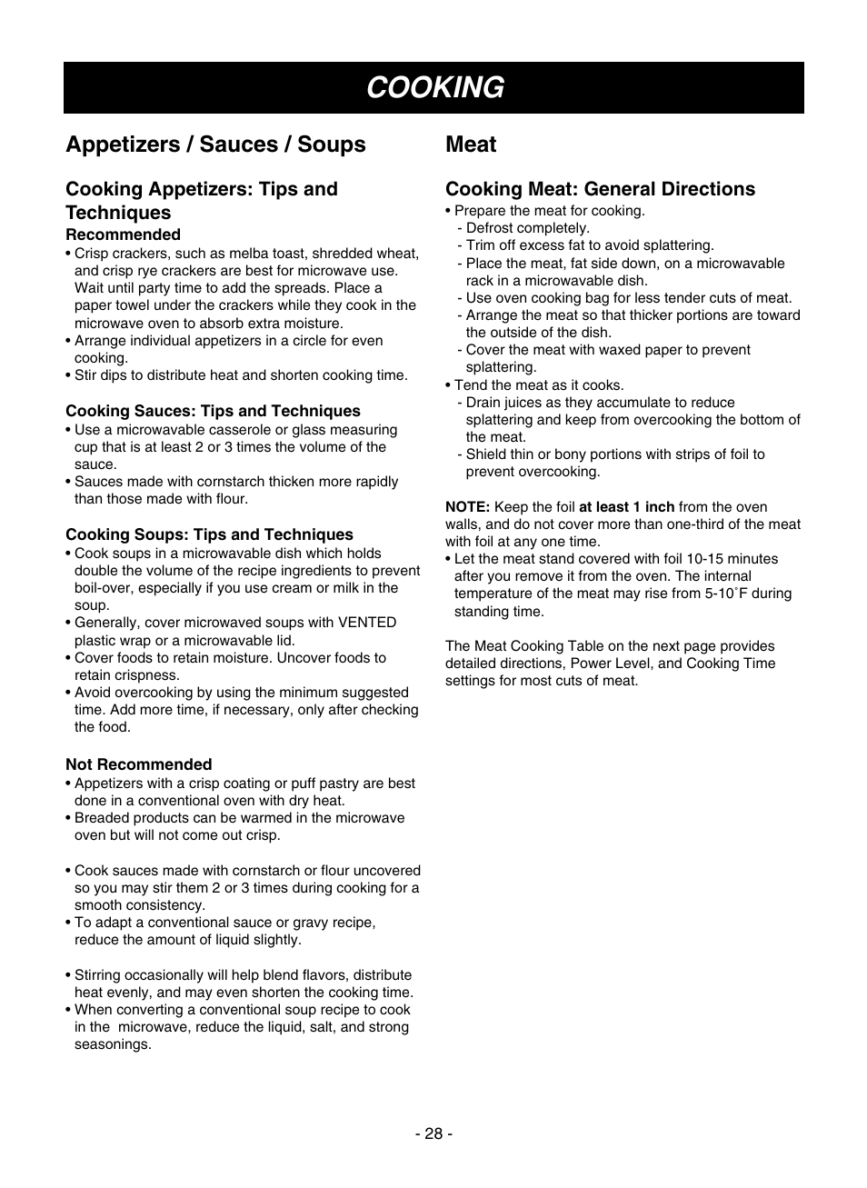 Cooking, Appetizers / sauces / soups, Meat | Cooking appetizers: tips and techniques, Cooking meat: general directions | LG LMVM1945SW User Manual | Page 28 / 36