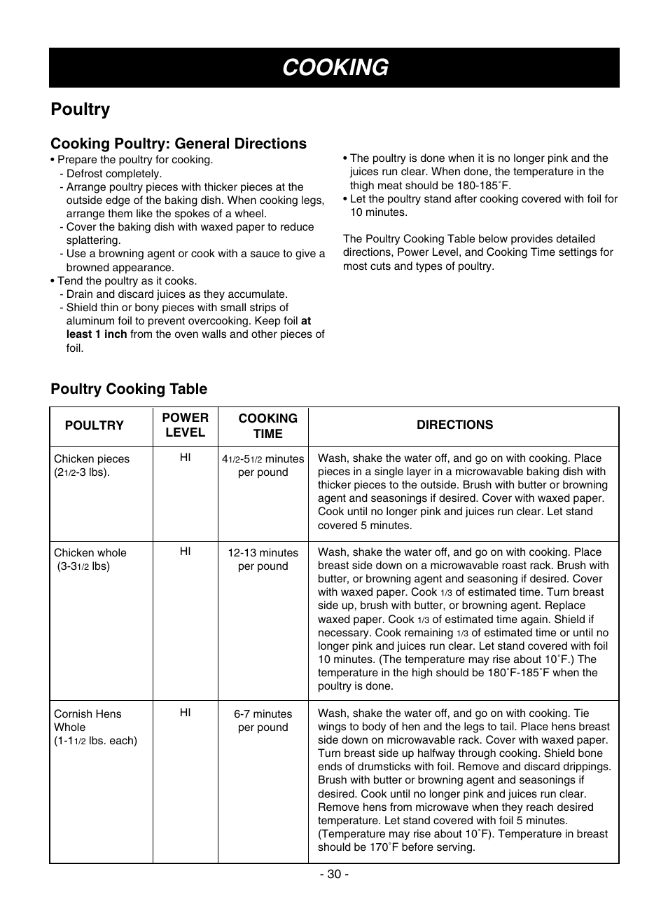 Cooking, Poultry, Cooking poultry: general directions | Poultry cooking table | LG LMVM1945SW User Manual | Page 30 / 36