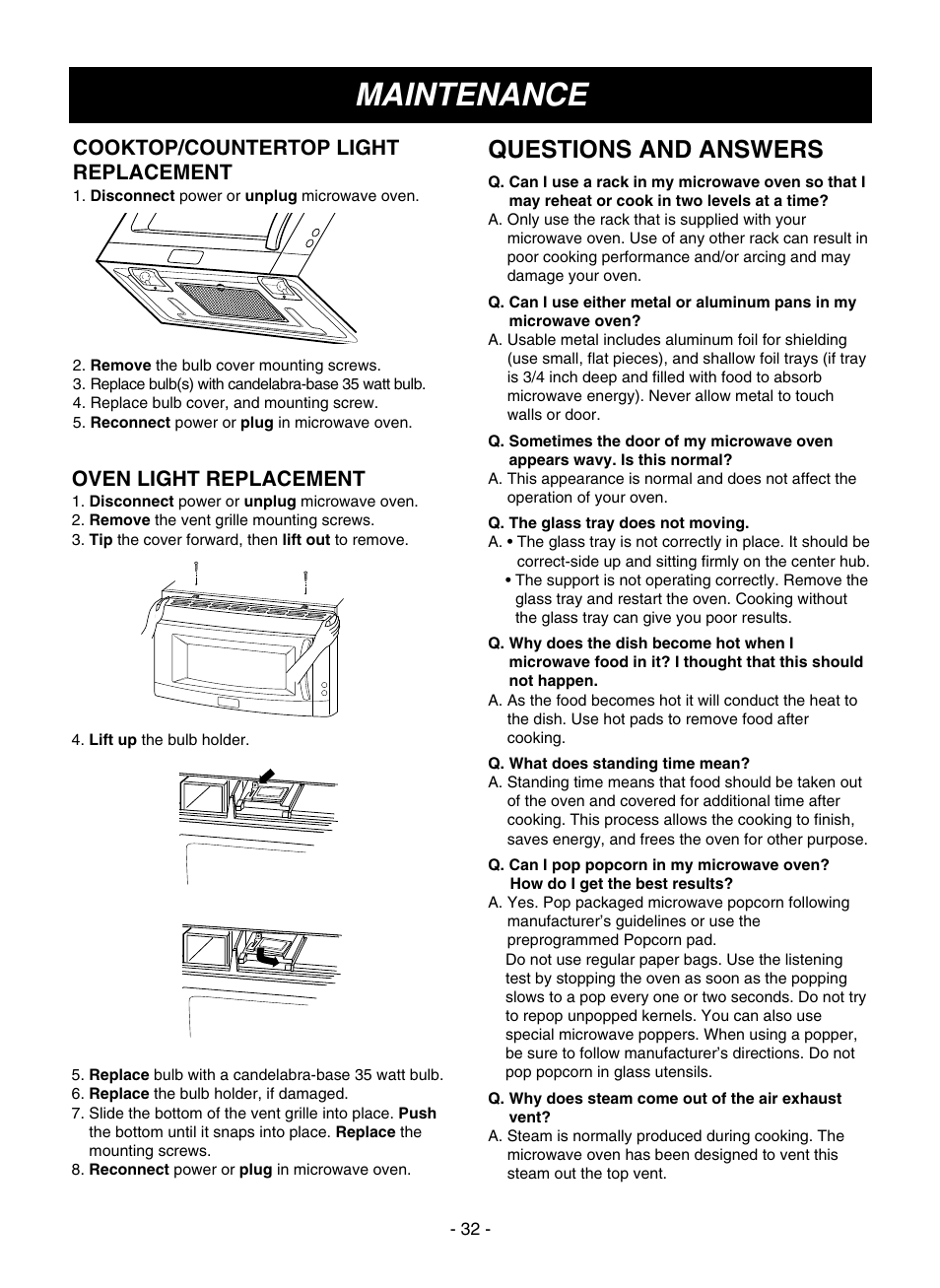 Maintenance, Questions and answers, Oven light replacement | Cooktop/countertop light replacement | LG LMVM1945SW User Manual | Page 32 / 36